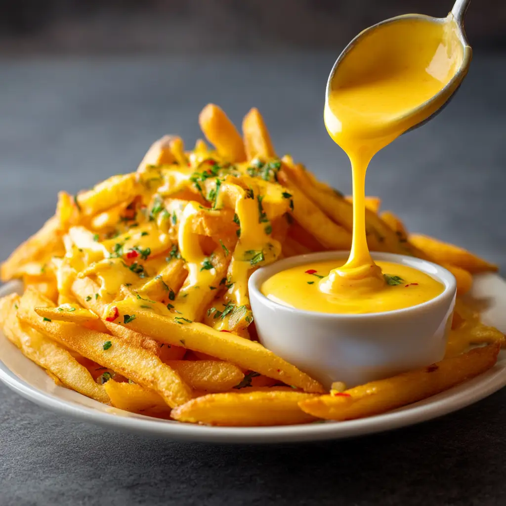 Cheese Sauce for Fries: The Ultimate 10-Minute Recipe 2 A close-up of a whisk stirring creamy cheese sauce in a saucepan, showing the smooth, velvety texture.