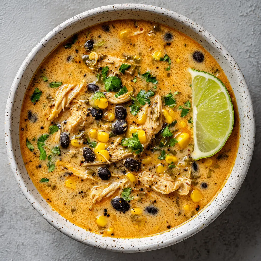 A step-by-step process shot showing shredded chicken being added to the creamy poblano soup base in a Dutch oven.