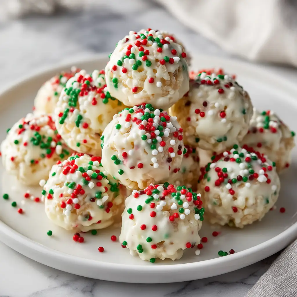 A batch of festive holiday cereal treats being pressed into a pan, topped with colorful Christmas sprinkles.