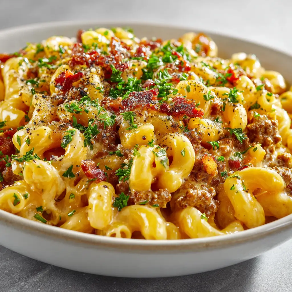 Bacon Cheeseburger Pasta: The Ultimate One-Pot Comfort Meal 2 The ingredients for Bacon Cheeseburger Pasta being combined in a large pot before cooking the noodles.