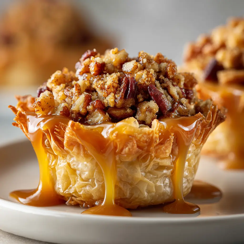 Pecan Caramel Baklava Cups: The Ultimate Bite-Sized Treat 2 A mini baklava cup being drizzled with honey syrup, demonstrating a key step in the recipe for pecan caramel baklava cups.