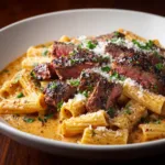 Cajun Steak Pasta: A Creamy, Spicy Delight in 30 Minutes A pan filled with spicy Cajun steak pasta, showing the creamy sauce coating the rigatoni and tender pieces of steak.