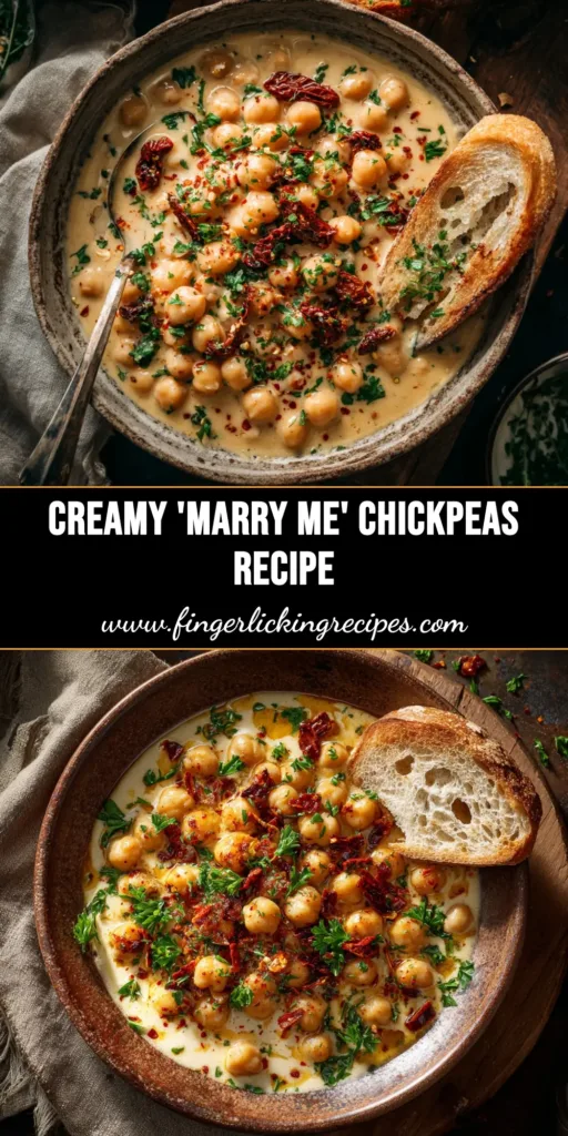 An overhead shot of creamy Marry Me Chickpeas in a rustic bowl, garnished with fresh basil. The title text reads 'Marry Me Chickpeas: The Best 30-Minute Recipe'.
