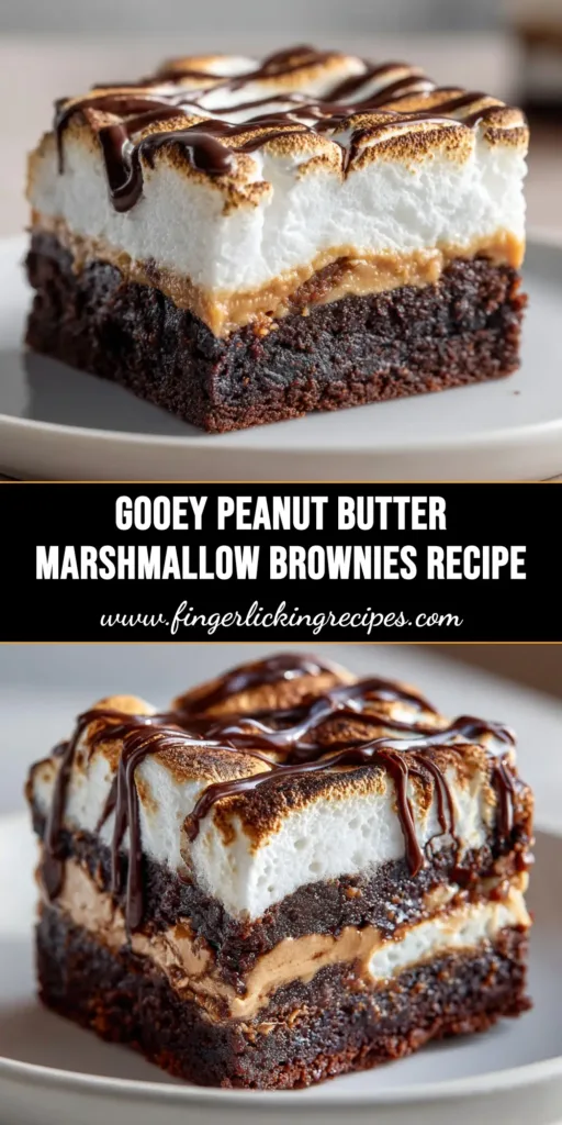 A stack of three marshmallow peanut butter brownie bars on a plate, showing the distinct layers of fudgy brownie, gooey marshmallow, and creamy peanut butter.