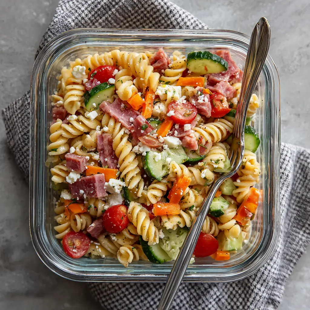 A meal prep container filled with the cold pasta salad recipe, demonstrating an easy high-protein lunch idea.