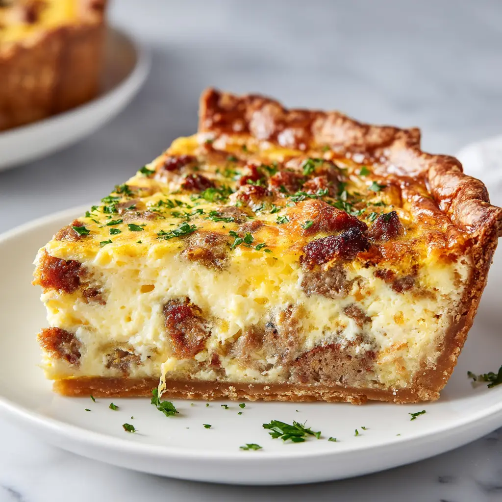 A close-up shot of a single slice of Meat Lovers Quiche on a white plate, showcasing the creamy egg custard and generous meat filling.