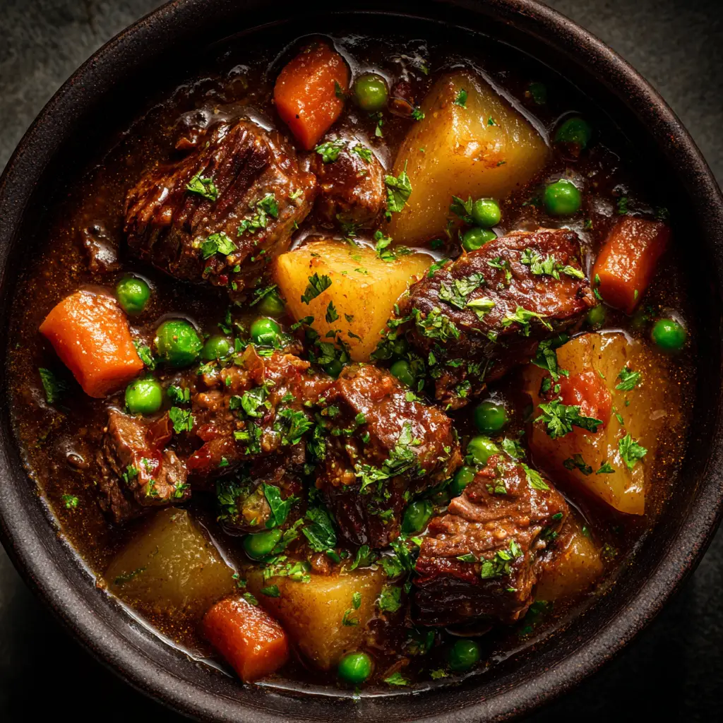 Another angle of the slow cooker beef and vegetable stew, garnished with fresh parsley and crumbled feta cheese.