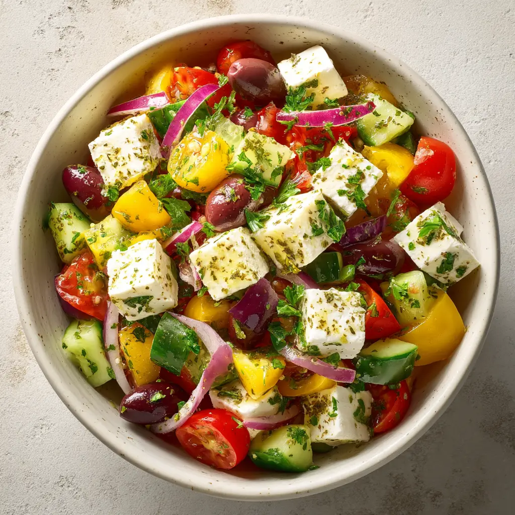 A bright and airy photo of the finished Greek cottage cheese salad served in a modern ceramic bowl, ready to eat.