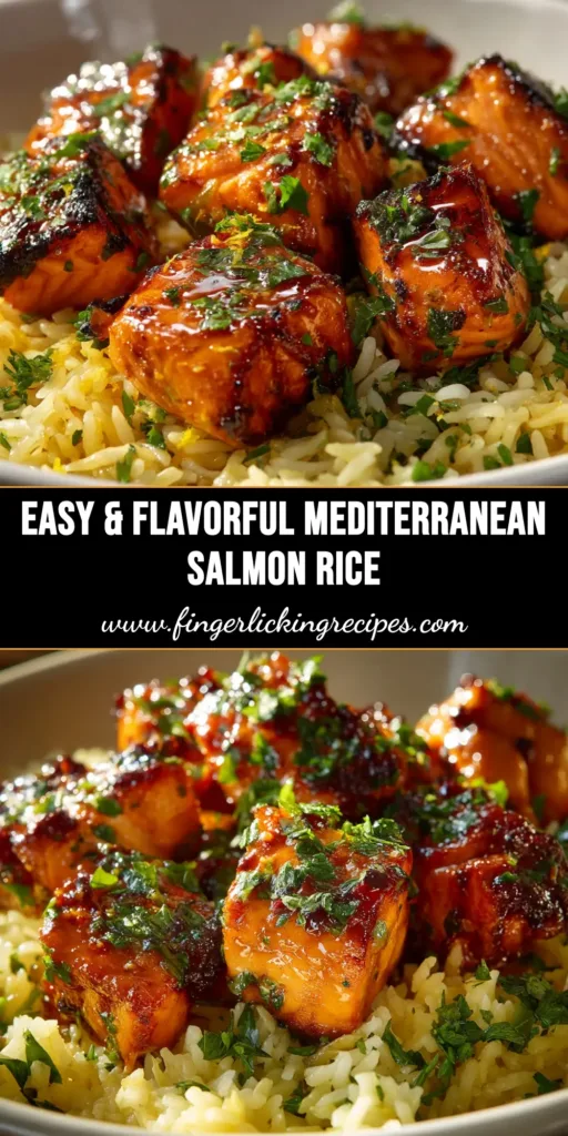 A delicious and healthy Mediterranean Salmon fillet on a plate, topped with a fresh relish of cherry tomatoes, feta cheese, and Kalamata olives. A perfect quick dinner recipe.