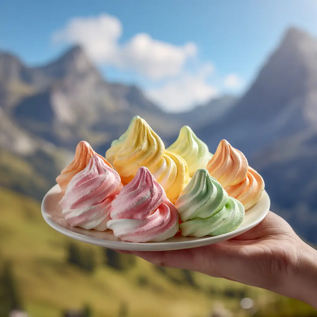 A close-up shot of a hand holding a single, perfectly piped white meringue cookie, highlighting its crisp texture.