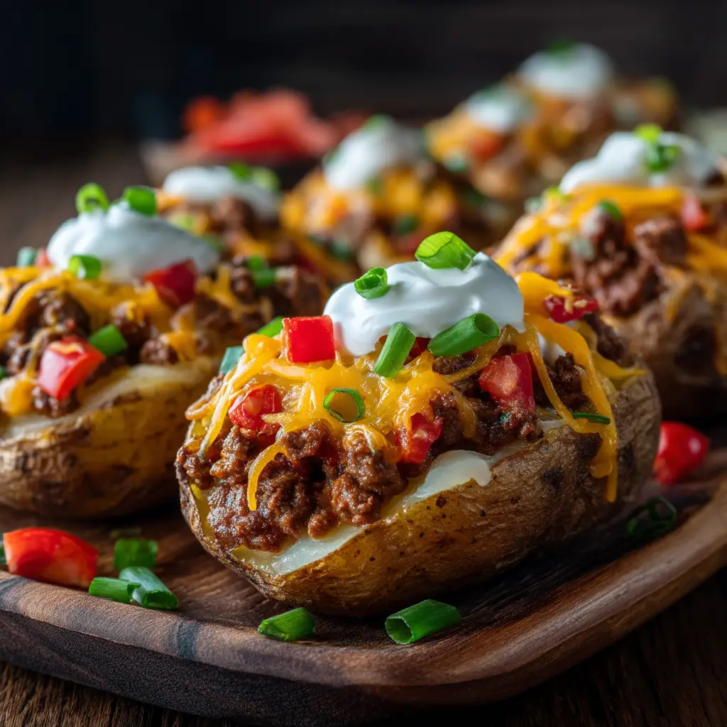 A full view of a Mexican loaded baked potato topped with ground beef, cheese, sour cream, and fresh jalapeños, ready to be eaten.