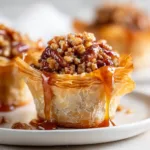 A close-up view of a single pecan caramel baklava cup, showcasing the crispy layers of phyllo dough and the rich, nutty filling.