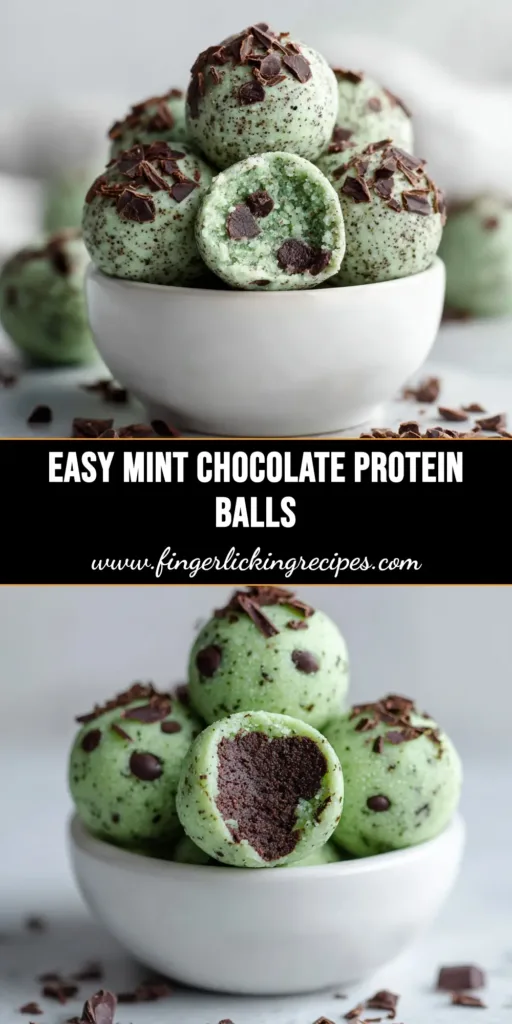 A shareable pin image for the Mint Chocolate Chip Protein Balls recipe, showing a stack of the bites with text overlay.