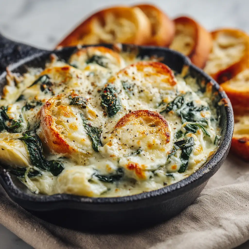 A close-up shot of the ingredients for spinach artichoke dip being mixed in a bowl, showing cream cheese, spinach, and artichokes.