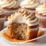 An extreme close-up of a moist banana pecan cupcake with a bite taken out, revealing the fluffy interior crumb and pieces of pecan.