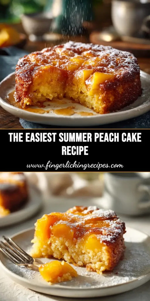 A delicious and moist peach cake recipe shown on a plate, ready to be served. This easy homemade cake is packed with fresh, juicy peaches.