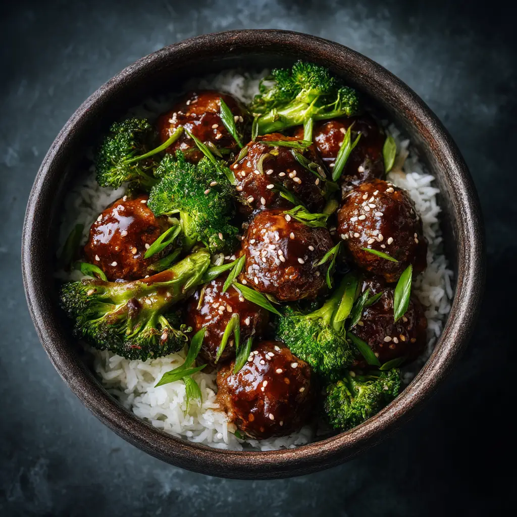 A close-up action shot of Mongolian Meatballs being tossed in a sweet and savory sauce in a saucepan.