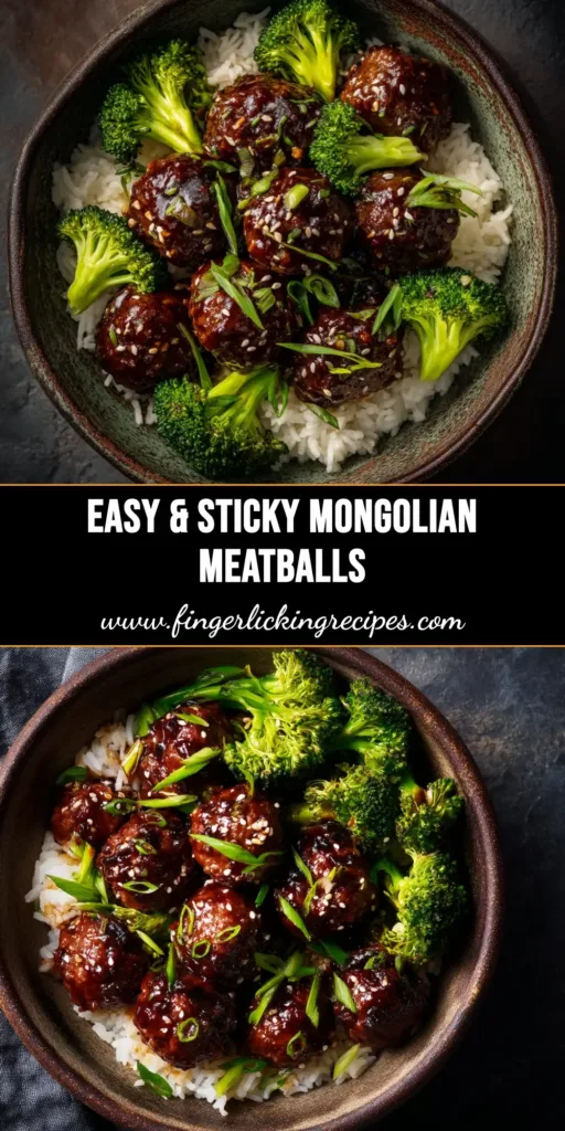 A sharable pin image showing a bowl of delicious Mongolian Meatballs coated in a sticky, sweet and savory sauce, garnished with sesame seeds and green onions.