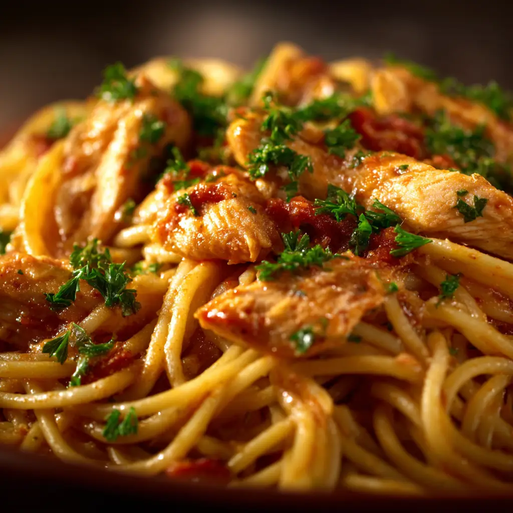 Monterey Chicken Spaghetti: The Ultimate Creamy & Cheesy Recipe 2 A plated serving of Monterey Chicken Spaghetti in a rustic bowl, showing the combination of pasta, bacon, and chicken in the rich sauce.