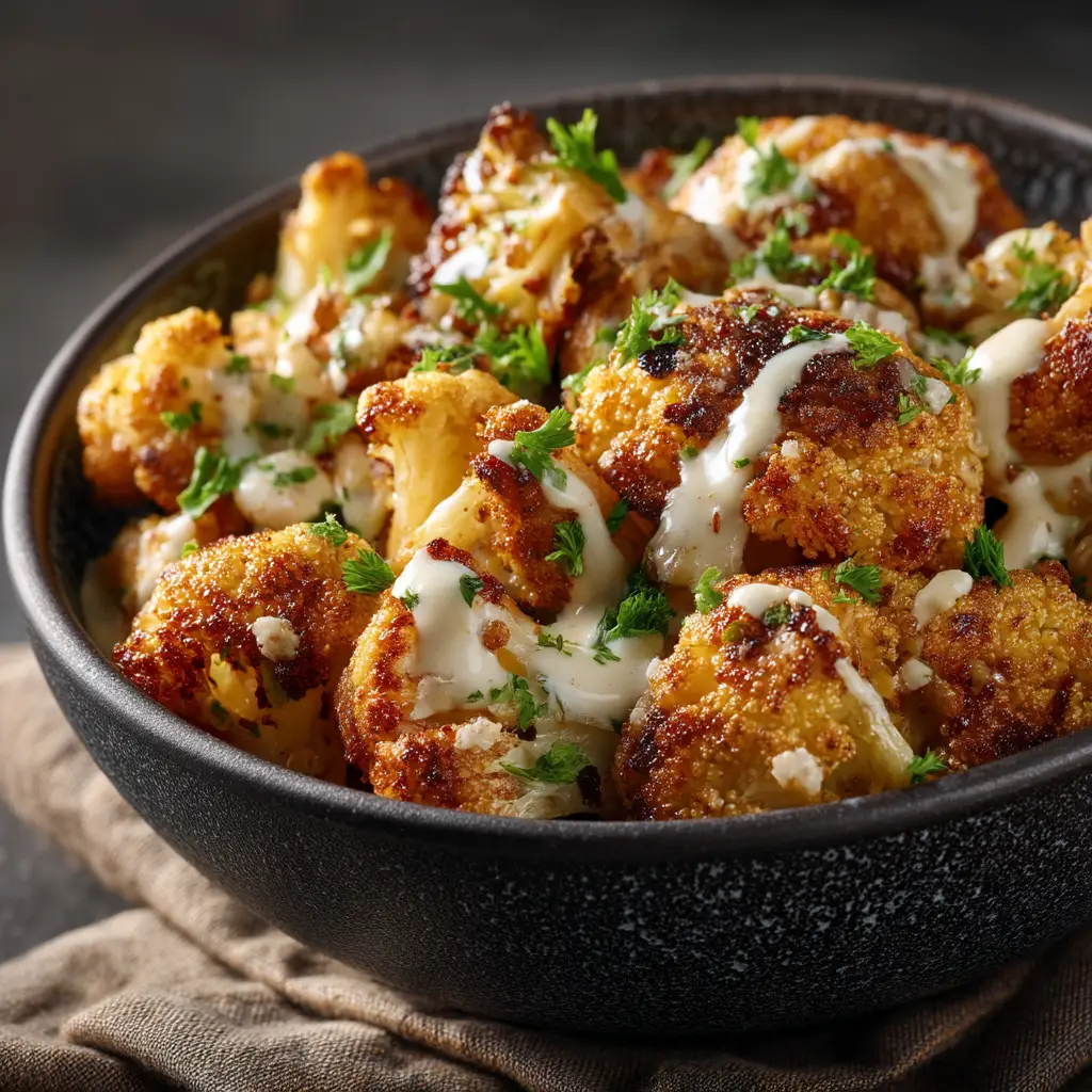A serving bowl filled with freshly made Moroccan cauliflower, garnished with chopped cilantro and a lemon wedge on the side.