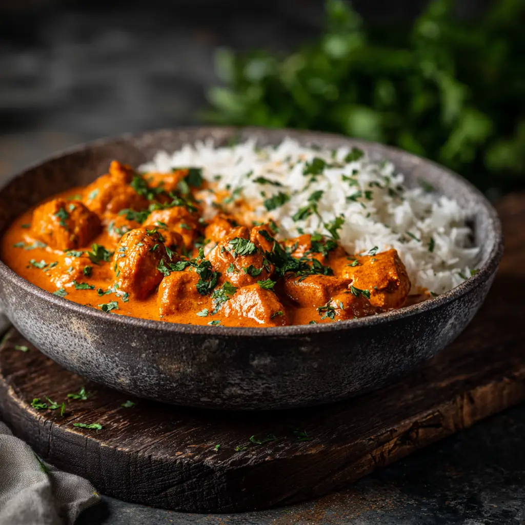 A serving of Murgh Makhani in a rustic bowl with a swirl of cream and fresh cilantro garnish, ready to be eaten.