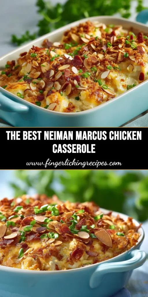 A close-up overhead shot of the finished Neiman Marcus Chicken Casserole in a white baking dish, showing the creamy texture and golden almond topping. The title 'Neiman Marcus Chicken Casserole' is overlaid.