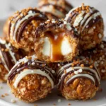 A close-up view of a no-bake cheesecake ball coated in crushed pretzels and drizzled with golden caramel.