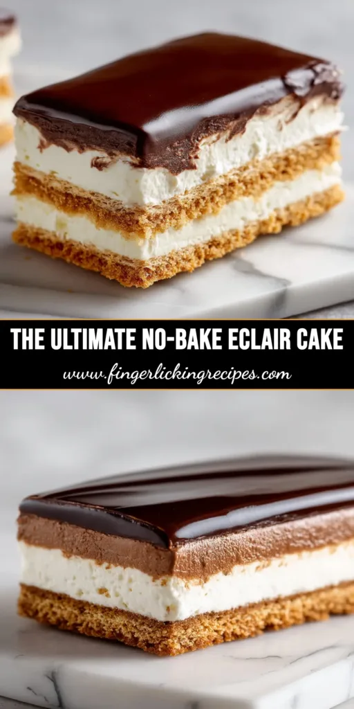 A delicious slice of No-Bake Chocolate Eclair Cake on a white plate, showcasing its creamy layers and rich chocolate ganache topping.