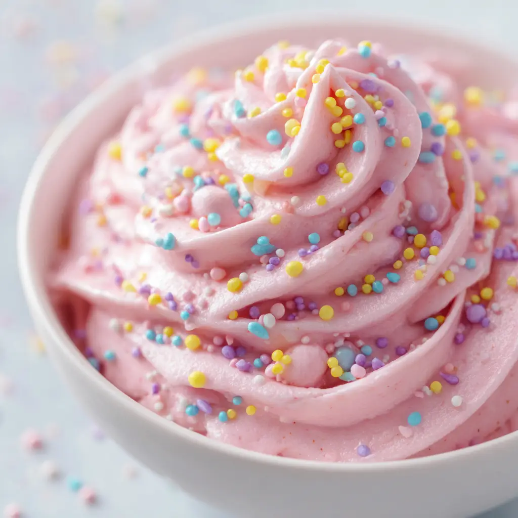 A bowl of no-bake Easter cheesecake dip ready to be served, garnished with festive candies and sprinkles for a holiday party.
