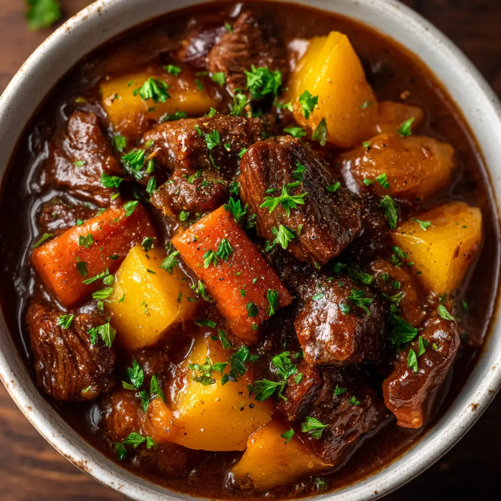 A bowl of old fashioned beef stew with a spoon, ready to be eaten. The vegetables are vibrant and the beef is perfectly cooked.