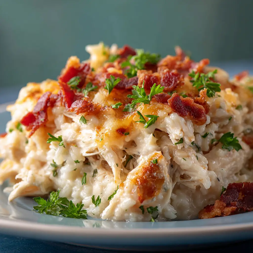 Dump-and-Bake Chicken Alfredo Rice Casserole (The Ultimate Creamy Recipe) 2 A serving of one-pan chicken alfredo bake on a plate, garnished with fresh parsley.