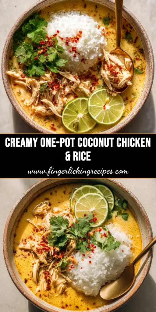 A beautiful pin image for the one-pan coconut chicken and rice recipe, showing the finished dish in a skillet, topped with cilantro and lime.