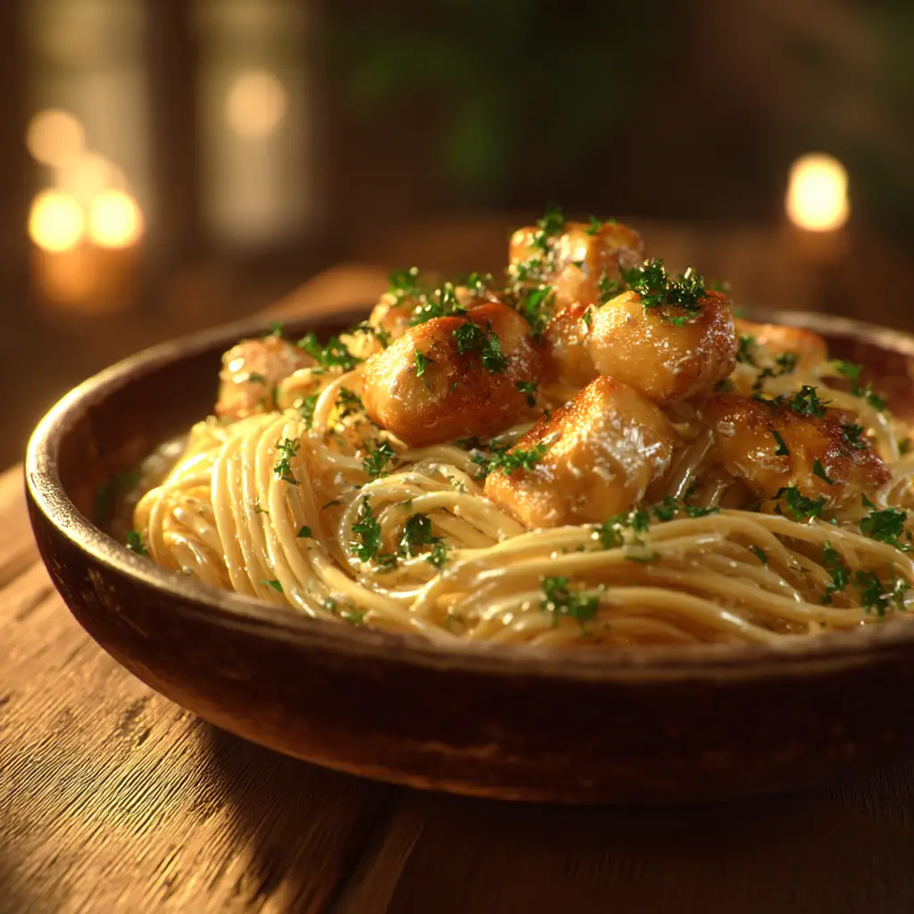 A skillet filled with the one-pan chicken dinner, showcasing the simple steps of making garlic butter chicken pasta.