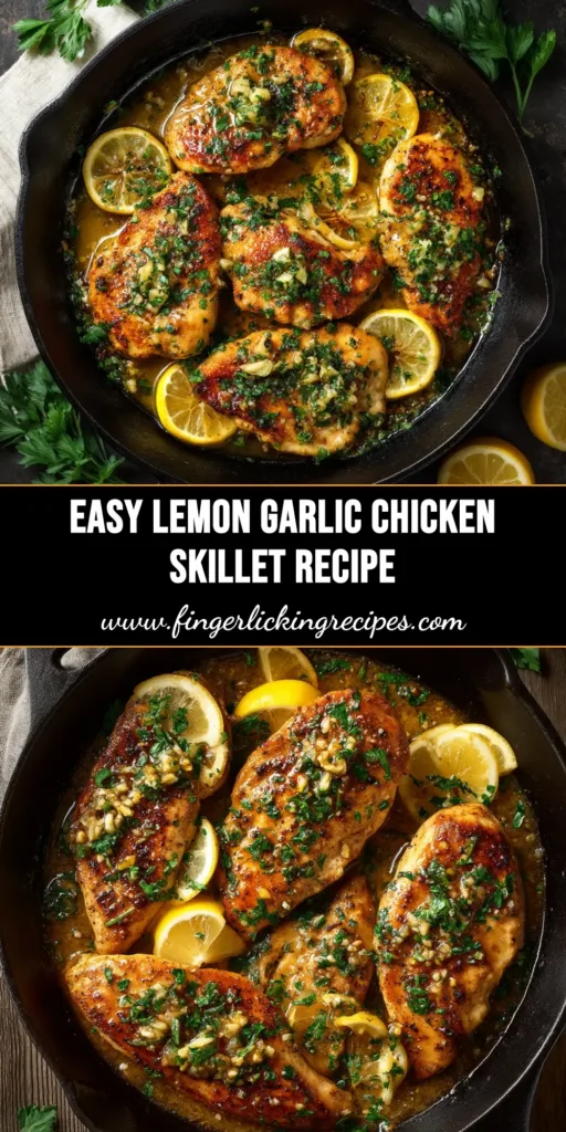 Lemon Garlic Chicken (The Easiest One-Pan Recipe) 4 An overhead shot of a delicious one-pan Lemon Garlic Chicken in a cast iron skillet, garnished with fresh parsley and lemon slices. The perfect easy weeknight dinner recipe.