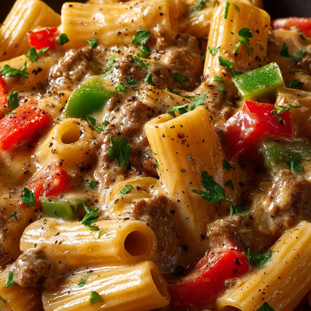 Philly Cheesesteak Pasta: The Creamiest, Easiest Recipe 2 A spoonful of Philly Cheesesteak Pasta being lifted from a skillet, showing the melted cheese stretch and the rich sauce.