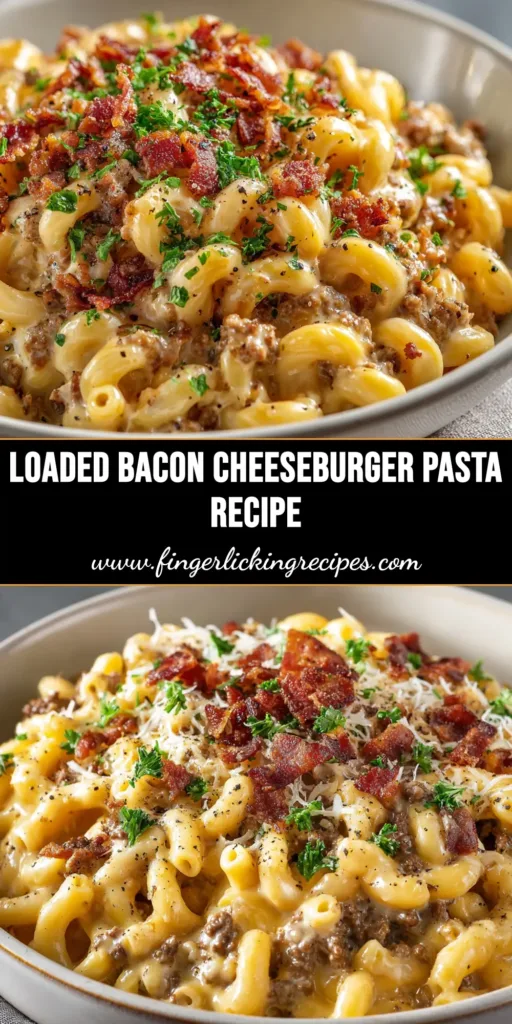 Bacon Cheeseburger Pasta: The Ultimate One-Pot Comfort Meal 4 A close-up shot of a bowl of creamy one-pot Bacon Cheeseburger Pasta, garnished with crispy bacon and fresh parsley.