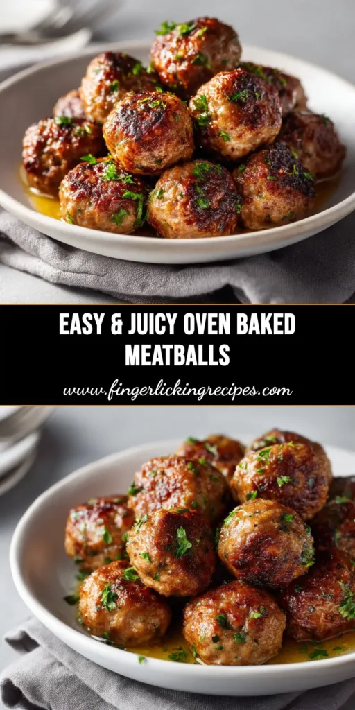 A plate of delicious oven baked meatballs simmering in a rich marinara sauce, garnished with fresh basil. The perfect easy recipe for juicy meatballs.