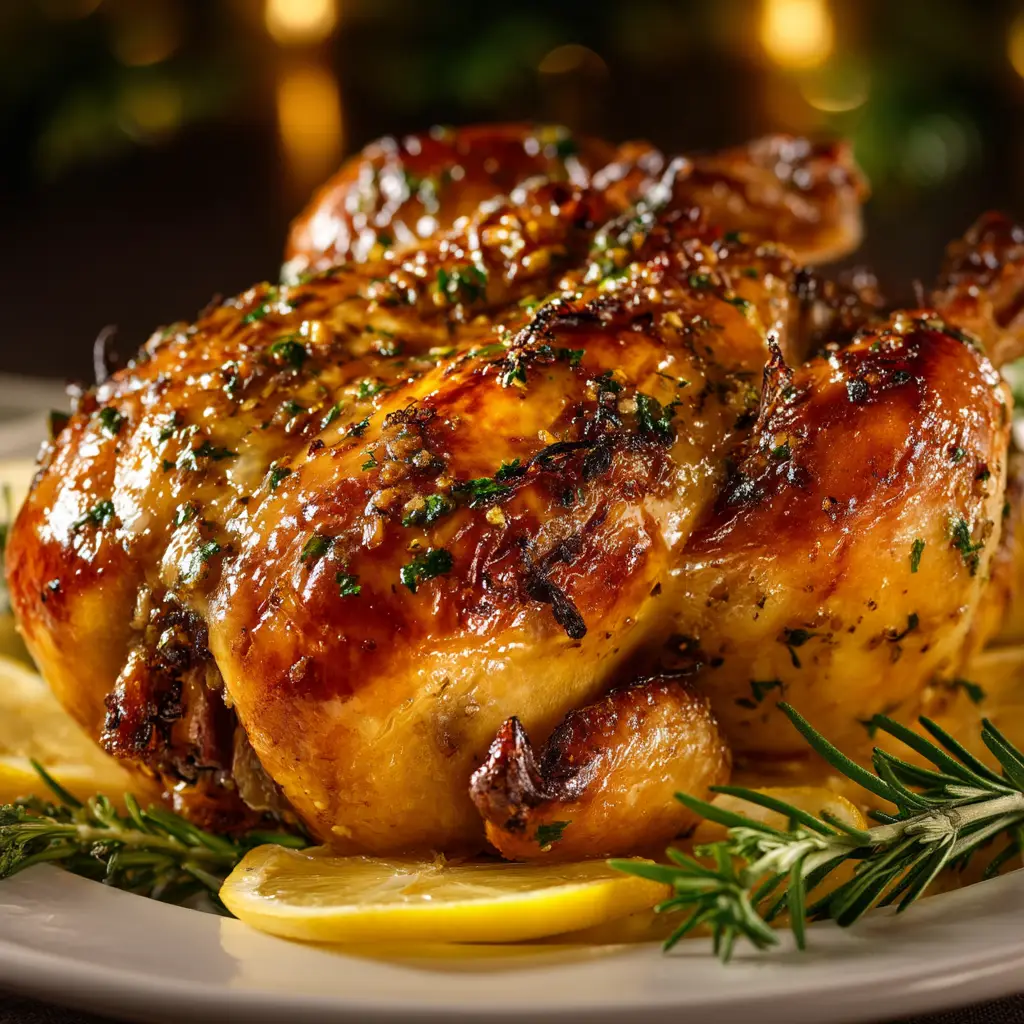 A single oven roasted Cornish hen being carved, showing the juicy and tender meat inside.