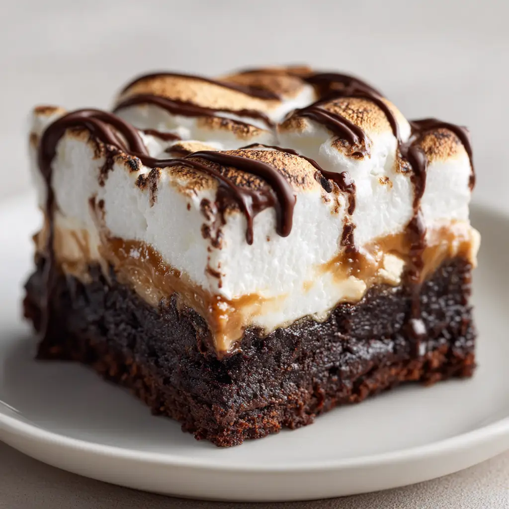 A pan of freshly baked marshmallow peanut butter brownie bars, sliced into squares and ready to be served.