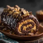 The full Peanut Butter Cup Chocolate Roll covered in glossy chocolate ganache on a rustic wooden board, ready to be served.