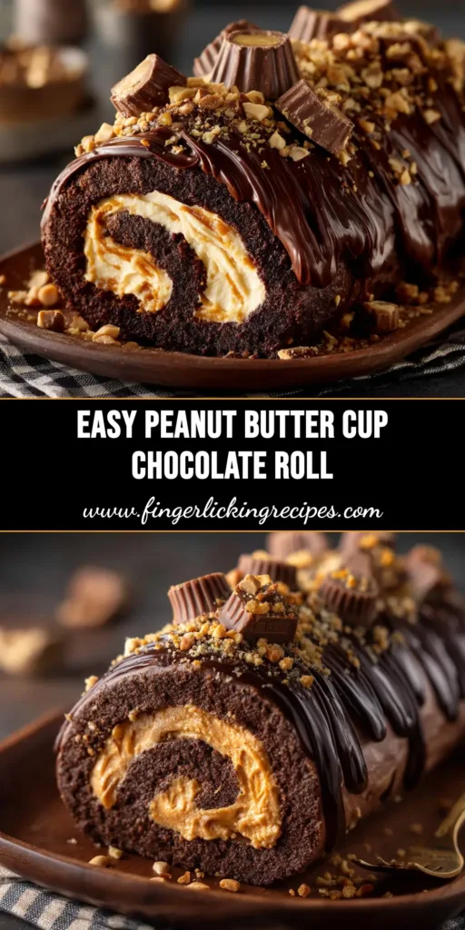 A beautiful slice of Peanut Butter Cup Chocolate Roll on a white plate, showing the perfect swirl of chocolate cake and creamy peanut butter filling.