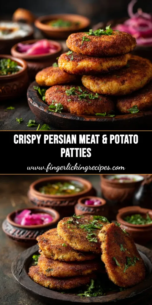 An authentic Persian Kotlet Recipe resulting in crispy, golden-brown patties served on a white platter with fresh tomato and parsley garnish.