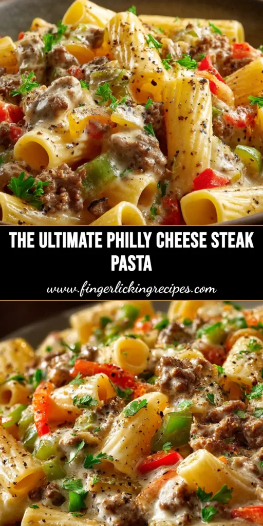Philly Cheesesteak Pasta: The Creamiest, Easiest Recipe 5 A large white bowl filled with creamy Philly Cheesesteak Pasta, topped with tender steak, peppers, and melted cheese. The perfect one-pan dinner recipe.