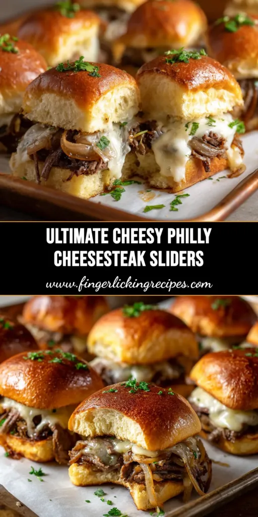 A tray of delicious Philly cheesesteak sliders fresh from the oven, with golden-brown tops and melted cheese peeking out the sides. Perfect for a party!