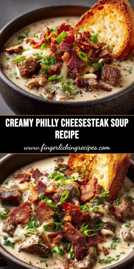 A bowl of creamy Philly Cheesesteak Soup garnished with fresh parsley, with melted provolone cheese stretching from the spoon.