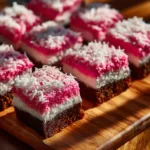 A close-up shot of Pink Coconut Snowball Cake Bars arranged on a platter, highlighting the texture of the pink coconut.