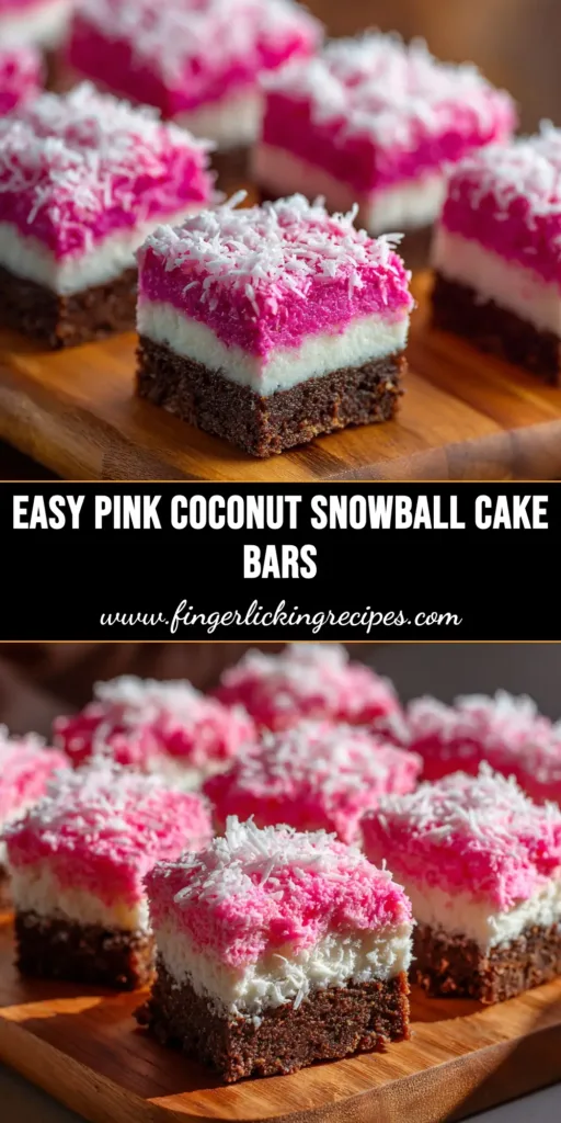 Pink Coconut Snowball Cake Bars (Easy Recipe!) 5 A stack of Pink Coconut Snowball Cake Bars on a plate, showing the fluffy pink coconut topping and moist cake interior.