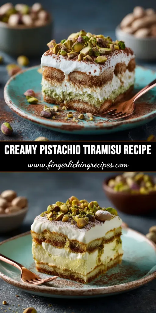 An overhead shot of a beautiful Pistachio Tiramisu Recipe in a glass baking dish, dusted with cocoa and chopped pistachios. A slice has been taken out, showing the creamy layers.