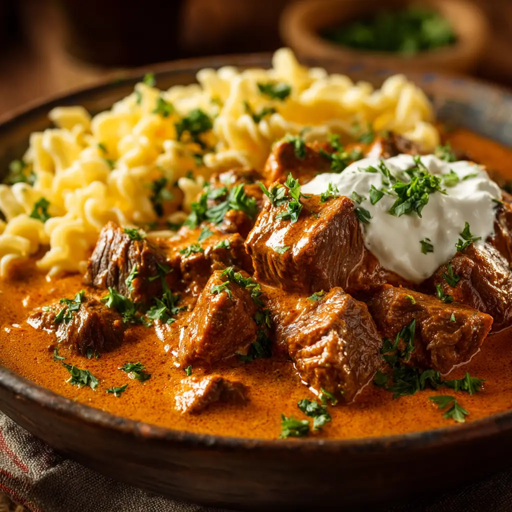A serving of traditional German Rindergulasch in a white bowl, ready to be eaten with a side of Spätzle or dumplings.