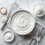 A bright and airy flat lay of perfectly smooth powdered sugar frosting in a white bowl, surrounded by ingredients like butter and milk.